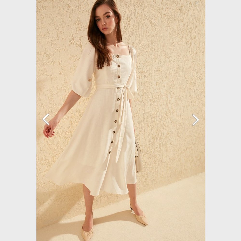 Organic Ecru Belted Buttoned Maxi Dress - Picture 2 of 10